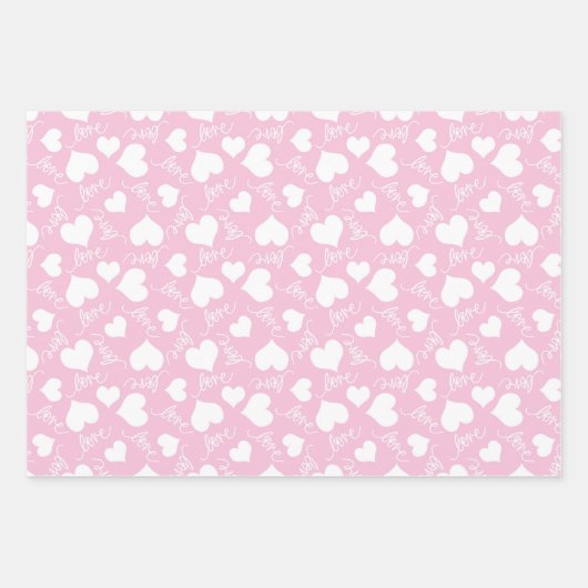 かわいい白とピンクのハートバレンタインデー ラッピングペーパーシート (正面)