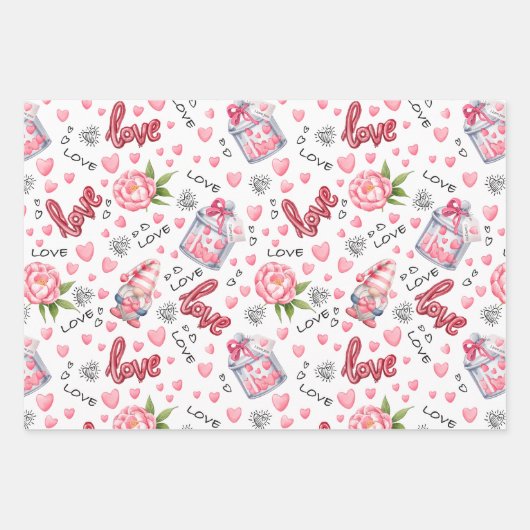 かわいい白とピンクのハートバレンタインデー ラッピングペーパーシート (正面3)
