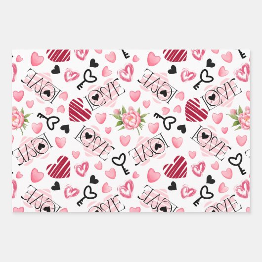 かわいい白とピンクのハートバレンタインデー ラッピングペーパーシート (正面)