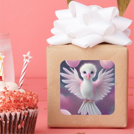 かわいい白とピンクのベビーバード誕生日 スクエアシール (パーティー)