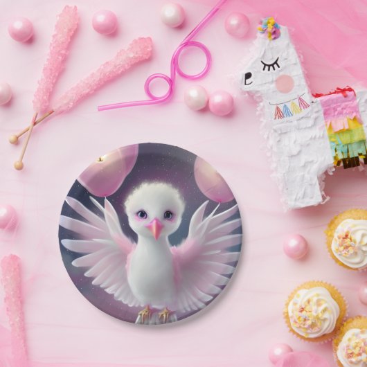 かわいい白とピンクのベビーバード誕生日 ペーパープレート (パーティー)