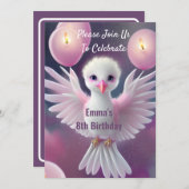 かわいい白とピンクのベビーバード誕生日 招待状 (正面/裏面)