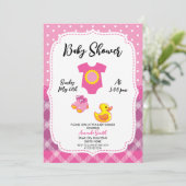 かわいい白とピンクのラバーダック女の子ベビーシャワー 招待状 (スタンド正面)