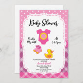 かわいい白とピンクのラバーダック女の子ベビーシャワー 招待状 (正面/裏面)