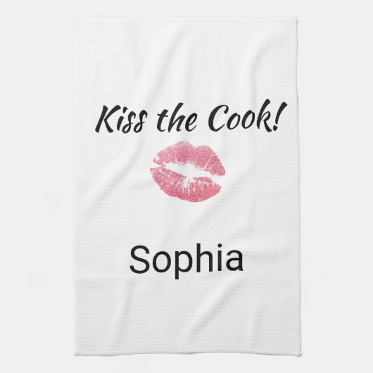 かわいい白とピンクの口紅キスザ調理師 キッチンタオル (縦)