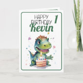かわいい白と緑の恐竜の男の子1歳の誕生日 カード (正面)