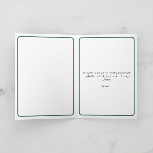 かわいい白と緑の恐竜の男の子1歳の誕生日 カード (内部)
