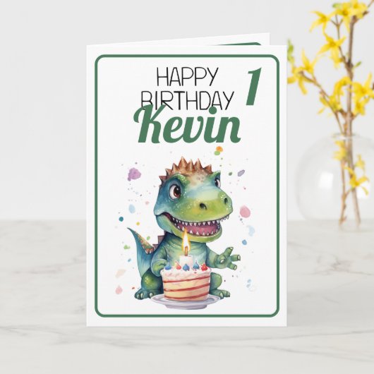 かわいい白と緑の恐竜の男の子1歳の誕生日 カード (黄色い花)