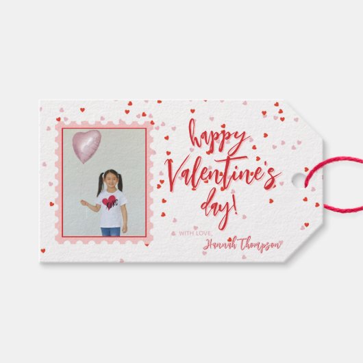 かわいい白と赤いハートの写真 ギフトタグ (正面(横))