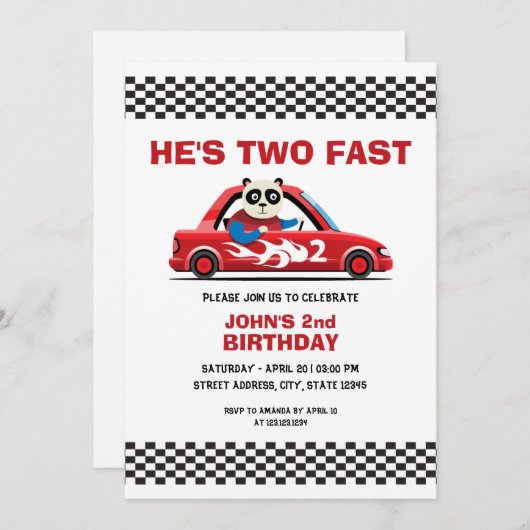 かわいい白と赤のレースカー2速2番目の誕生日 招待状 (正面/裏面)