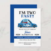 かわいい白と青のレースカー、2歳の誕生日が早い 招待状 (正面/裏面)