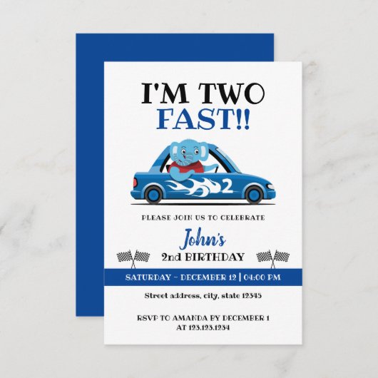 かわいい白と青のレースカー、2歳の誕生日が早い 招待状 (正面/裏面)