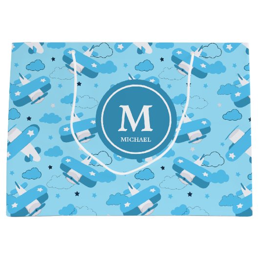 かわいい白と青の飛行機と雲キッズモノグラム ラージペーパーバッグ (正面)