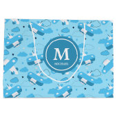 かわいい白と青の飛行機と雲キッズモノグラム ラージペーパーバッグ (裏面)