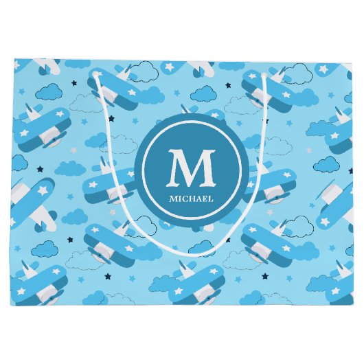 かわいい白と青の飛行機と雲キッズモノグラム ラージペーパーバッグ (裏面)
