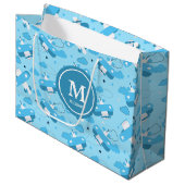 かわいい白と青の飛行機と雲キッズモノグラム ラージペーパーバッグ (正面アングル)