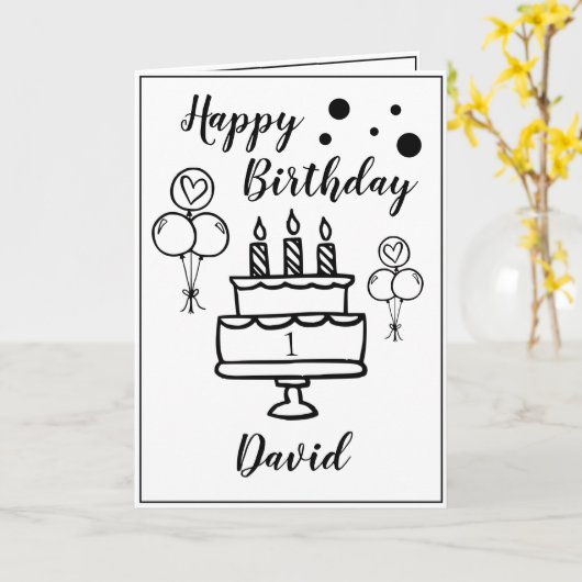 かわいい白と黒のケーキ孫1歳の誕生日 カード (黄色い花)