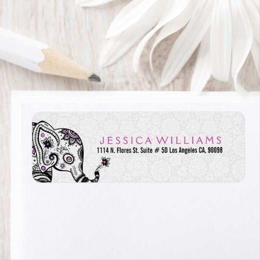 かわいい白と黒のフローラゾウのピンクのアクセント ラベル (インサイチュ)