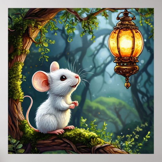 🐭🏮 かわいい白ねずみの行燈の夜の癒しアート ✨ ポスター (正面)