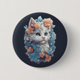 かわいい白の花柄キティ猫 缶バッジ
