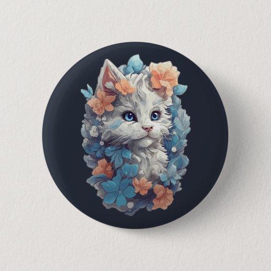 かわいい白の花柄キティ猫 缶バッジ (正面)