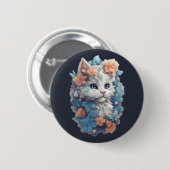 かわいい白の花柄キティ猫 缶バッジ (正面&裏面)