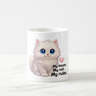 かわいい白ふわふわの猫マグカップ「マイハウス」私の猫。自分 コーヒーマグカップ