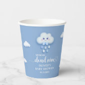 かわいい白ふわふわの笑顔の雲9青い空 紙コップ (正面)