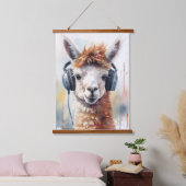 かわいい白アルパカ着ヘッドフォン 吊り下げ型タペストリー (寝室)