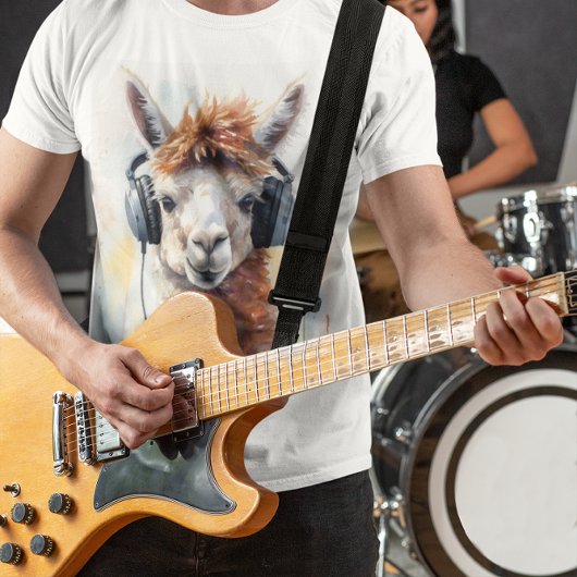 かわいい白アルパカ着ヘッドフォン Tシャツ