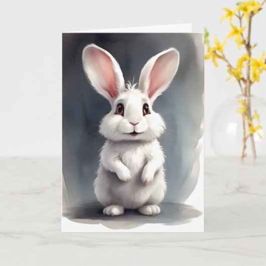 かわいい白ウサギの肖像 空白の挨 カード (黄色い花)