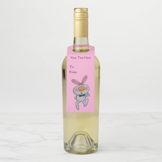 かわいい白ウサギ オレンジ色の鼻 親指を立てる ピンク ボトルネックタグ (ボトル)