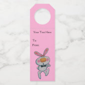 かわいい白ウサギ オレンジ色の鼻 親指を立てる ピンク ボトルネックタグ (正面)