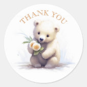 かわいい白クマと花ありがとう ラウンドシール (正面)