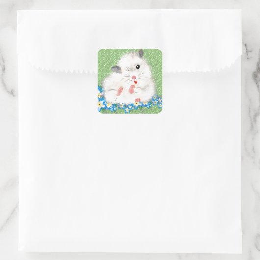 かわいい白シリアのハムスターのアクセサリー、緑のポルカ スクエアシール (バッグ)