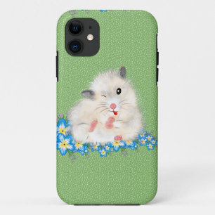 かわいい白シリアのハムスターのアクセサリー、緑のポルカ iPhone 11 ケース