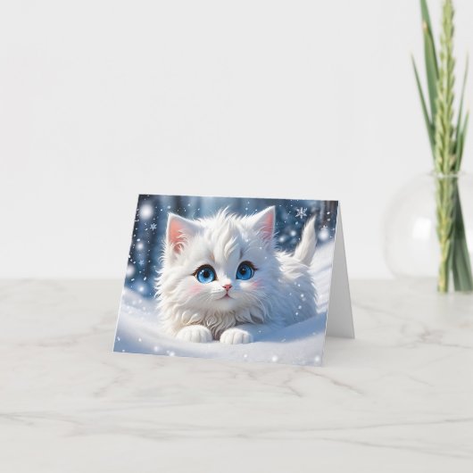 かわいい白ネコの青い目あいさつ空白のつ カード (正面)