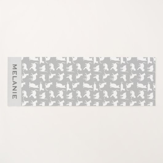 かわいい白ネコ柄ライトグレーパーソナライズされた ヨガマット (正面(横))