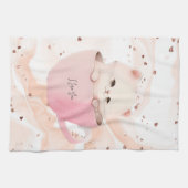 かわいい白ピンクの猫を茶碗で キッチンタオル (横)