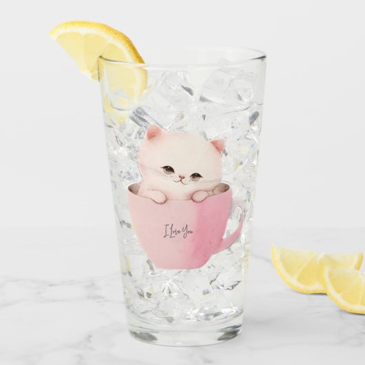 かわいい白ピンクの猫を茶碗で タンブラーグラス (アイス正面)