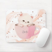 かわいい白ピンクの猫を茶碗で マウスパッド (マウス)