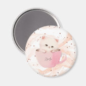 かわいい白ピンクの猫を茶碗で マグネット (正面/裏面)