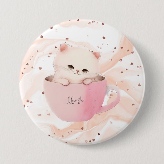 かわいい白ピンクの猫を茶碗で 缶バッジ (正面)