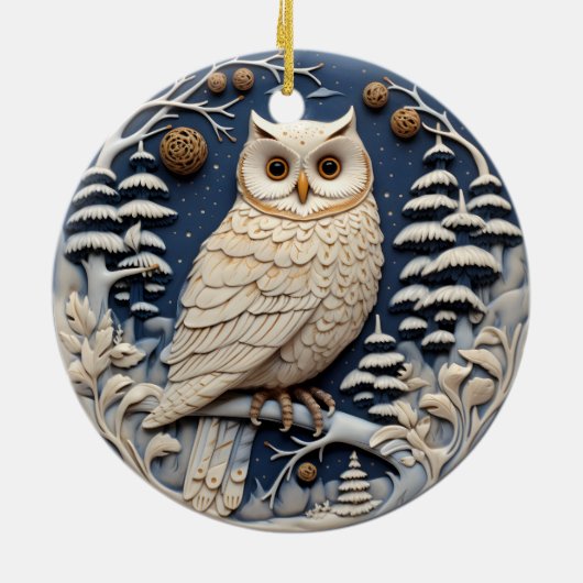 かわいい白フクロウ動物3Dチラストマ セラミックオーナメント (裏面)