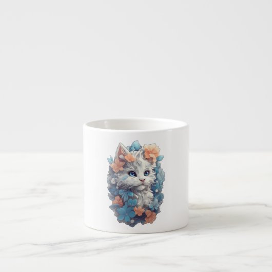 かわいい白フローラ猫 エスプレッソカップ (正面)