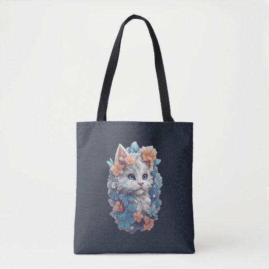 かわいい白フローラ猫 トートバッグ (正面)