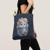 かわいい白フローラ猫 トートバッグ (クローズアップ)