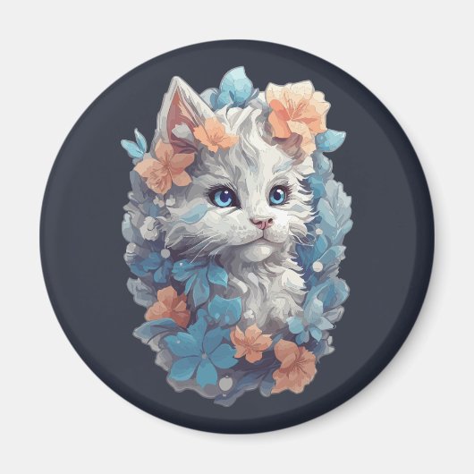 かわいい白フローラ猫 マグネット (正面)
