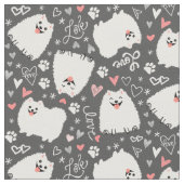 かわいい白ポメラニア犬犬のパターンとハート ファブリック (クローズアップ)