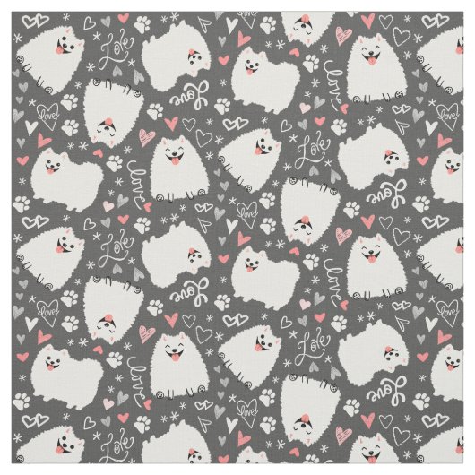 かわいい白ポメラニア犬犬のパターンとハート ファブリック (見本)